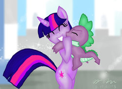 Size: 1024x743 | Tagged: safe, artist:mirzzi, spike, twilight sparkle, dragon, pony, unicorn, g4, bipedal, duo, eyes closed, female, hug, male, mare