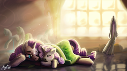 Size: 3508x1968 | Tagged: safe, artist:kraden, rarity, sweetie belle, g4, blanket, carousel boutique, crepuscular rays, mannequin, sisters, sleeping, window