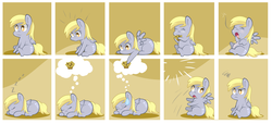 Size: 3395x1544 | Tagged: safe, artist:azurainalis, derpy hooves, pegasus, pony, g4, :3, :o, blushing, comic, cute, derpabetes, dream, eating, eyes closed, female, frown, grumpy, hoof hold, mare, messy eating, muffin, nom, open mouth, panel play, paradox, prone, raised eyebrow, sleeping, sleepy, smiling, sweatdrop, thought bubble, wide eyes, yawn, zzz