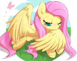 Size: 1118x881 | Tagged: safe, artist:aymint, fluttershy, pegasus, pony, g4, blushing, cute, female, grass, grooming, lying down, mare, one eye closed, partial background, preening, shyabetes, solo, stupid sexy fluttershy, wings