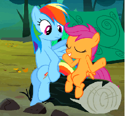 Size: 453x421 | Tagged: safe, screencap, rainbow dash, rarity, scootaloo, sweetie belle, pegasus, pony, unicorn, g4, sleepless in ponyville, animated, cute, cutealoo, dashabetes, derp face, female, noogie, petting, scootalove