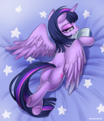 Size: 900x1047 | Tagged: safe, artist:racoonsan, twilight sparkle, alicorn, pony, g4, bed, bedroom eyes, book, butt, female, looking at you, lying down, mare, plot, prone, solo, twibutt, twilight sparkle (alicorn)