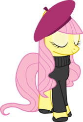 Size: 1986x2914 | Tagged: dead source, safe, artist:lockiesajt, fluttershy, pony, g4, beatnik, beret, clothes, eyes closed, female, simple background, solo, sweater, sweatershy, transparent background