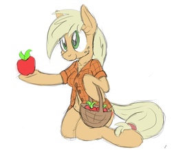 Size: 700x610 | Tagged: safe, artist:tg-0, applejack, earth pony, anthro, semi-anthro, unguligrade anthro, g4, apple, arm hooves, basket, bottomless, breasts, clothes, female, kneeling, solo