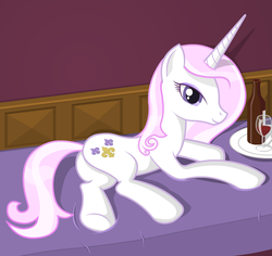 Size: 1867x1764 | Tagged: safe, artist:negasun, fleur-de-lis, pony, unicorn, g4, bed, butt, female, mare, plot, smiling, solo, wine