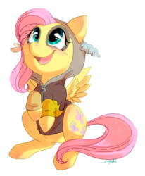 Size: 885x1072 | Tagged: safe, artist:c-puff, discord, fluttershy, pegasus, pony, g4, blushing, clothes, cute, female, happy, hoodie, mare, open mouth, roleplaying, shyabetes, solo