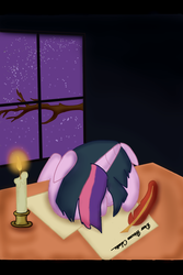 Size: 640x960 | Tagged: safe, artist:bybbrony, twilight sparkle, g4, dear princess celestia, depression, female, quill, solo, window