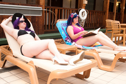 Size: 4048x2689 | Tagged: safe, rarity, twilight sparkle, human, g4, barefoot, bikini, book, clothes, cosplay, feet, hat, high heels, irl, irl human, photo, reading, sunglasses, swimsuit