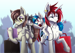Size: 900x633 | Tagged: safe, artist:inuhoshi-to-darkpen, 33 1-3 lp, dj pon-3, long play, octavia melody, vinyl scratch, oc, oc:octavia's mother, earth pony, pony, unicorn, g4, big brother, blushing, book, boop, brother and sister, ear piercing, earbuds, earring, eyes closed, female, filly, fluffy, jewelry, lesbian, male, mare, mother and child, mother and daughter, music notes, necklace, open mouth, pearl necklace, piercing, ponies riding ponies, riding, ship:scratchtavia, shipping, siblings, smiling, stallion, unshorn fetlocks, walkman, younger