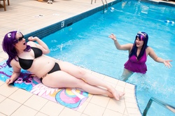 Size: 4288x2848 | Tagged: safe, rarity, twilight sparkle, human, g4, belly, belly button, bikini, clothes, cosplay, irl, irl human, photo, swimming pool, swimsuit