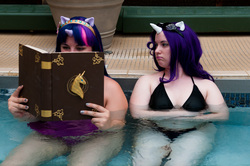 Size: 4288x2848 | Tagged: safe, rarity, twilight sparkle, human, g4, belly button, bikini, book, clothes, cosplay, irl, irl human, photo, reading, swimming pool, swimsuit