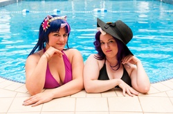 Size: 4288x2848 | Tagged: safe, rarity, twilight sparkle, human, g4, bikini, cleavage, clothes, cosplay, female, hat, irl, irl human, photo, swimming pool, swimsuit