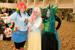 Size: 4288x2848 | Tagged: safe, fluttershy, queen chrysalis, rainbow dash, human, g4, cosplay, irl, irl human, photo