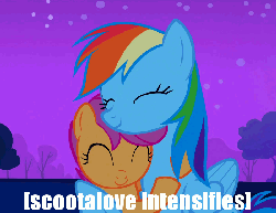 Size: 700x540 | Tagged: safe, edit, edited screencap, screencap, rainbow dash, scootaloo, g4, sleepless in ponyville, animated, caption, descriptive noise, female, gif with captions, meme, scootalove, x intensifies