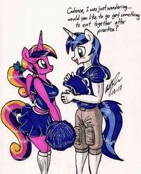 Size: 1199x1481 | Tagged: safe, artist:newyorkx3, princess cadance, shining armor, alicorn, unicorn, anthro, g4, american football, cheerleader, clothes, female, male, midriff, ponytail, ship:shiningcadance, shipping, skirt, straight, traditional art