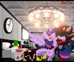 Size: 900x758 | Tagged: safe, artist:brodogz, twilight sparkle, alicorn, pony, g4, clothes, commission, coronation dress, crossover, crossover shipping, dress, female, gloves, interspecies, kissing, love, male, mare, shadow the hedgehog, shadtwi, shipping, sonic the hedgehog, sonic the hedgehog (series), twilight sparkle (alicorn)