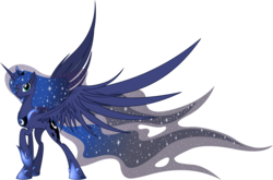 Size: 3952x2602 | Tagged: safe, artist:nemesis360, princess luna, g4, female, high res, large wings, looking at you, raised hoof, simple background, smiling, solo, spread wings