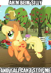 Size: 549x779 | Tagged: safe, edit, edited screencap, screencap, applejack, gala appleby, granny smith, parasol, pink lady, earth pony, pegasus, pony, g4, season 2, the super speedy cider squeezy 6000, accent, and nopony can stop me, animated, apple family member, caption, cider, cute, female, gif with captions, jackabetes, mare, prancing, silly, silly pony, who's a silly pony, y'all