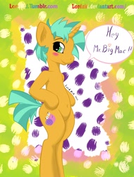 Size: 1280x1684 | Tagged: safe, artist:lordzid, snails, pony, g4, belly, belly button, bipedal, blushing, chubby, glitter shell, hips, implied big macintosh, implied gay, male, solo, speech bubble, trap