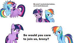 Size: 734x432 | Tagged: safe, rainbow dash, twilight sparkle, alicorn, pegasus, pony, unicorn, g4, bedroom eyes, bisexual, bisexuality, bronybait, female, implied group sex, implied sex, implied threesome, kiss on the lips, kissing, lesbian, mare, ship:twidash, shipping, text, twilight sparkle (alicorn), unicorn twilight