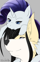 Size: 583x900 | Tagged: safe, artist:metalrenamon, rarity, oc, oc:faiz, pony, unicorn, wolf, g4, duo, furry, horn, nom, pony hat