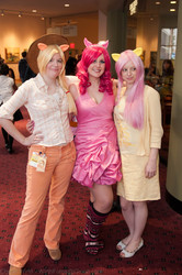 Size: 2848x4288 | Tagged: safe, applejack, fluttershy, pinkie pie, human, g4, cosplay, irl, irl human, photo