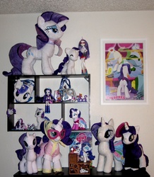 Size: 1164x1336 | Tagged: safe, artist:whiteheather, idw, hoity toity, opalescence, photo finish, rarity, steven magnet, g4, collection, commonity, doll, irl, merchandise, multeity, my little pony logo, obsession, photo, plushie, poster, toy