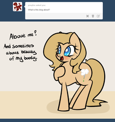 Size: 800x850 | Tagged: safe, artist:slavedemorto, oc, oc only, oc:backy, earth pony, pony, blushing, butt, dialogue, female, mare, plot, solo, text, tumblr