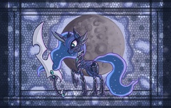 Size: 1600x1014 | Tagged: safe, artist:raptor007, princess luna, g4, armor, clothes, concave belly, crown, ethereal mane, ethereal tail, female, folded wings, hoof shoes, jewelry, mare, moon, peytral, princess shoes, raised hoof, regalia, slender, solo, starry mane, starry tail, sword, tail, thin, warrior luna, weapon, wings