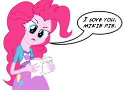Size: 826x600 | Tagged: safe, artist:the-ross, pinkie pie, oc, equestria girls, g4, /oat/, canon x oc, disproportional anatomy, female, mikie pie, mlpchan, reading, script, solo