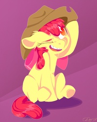 Size: 2421x3064 | Tagged: safe, artist:graystripe64, apple bloom, earth pony, pony, g4, adorabloom, blank flank, clothes, cowboy hat, cute, ear fluff, female, hat, one eye closed, open mouth, oversized clothes, sitting, smiling, solo