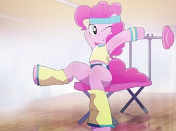 Size: 2172x1616 | Tagged: safe, artist:themizukamii, pinkie pie, g4, armpits, barbell, belly button, clothes, female, headband, leg warmers, midriff, solo, sweatband, weights, workout outfit