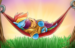 Size: 900x585 | Tagged: dead source, safe, artist:xioade, rainbow dash, scootaloo, pegasus, pony, g4, clothes, cuddling, cute, eyes closed, female, filly, grass, hammock, mare, scootalove, shared clothing, sleeping, snuggling, sunset, sweater