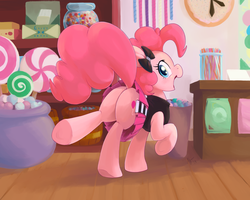 Size: 1100x880 | Tagged: safe, artist:ajin, pinkie pie, earth pony, pony, g4, adorasexy, bow, butt, candy, clothes, cute, diapinkes, dock, female, happy, hoof popping, indoors, interior, looking at you, looking back, looking back at you, mare, miniskirt, open mouth, pinkie pie's boutique, plot, raised hoof, raised leg, sexy, shop, shopkeeper, skirt, smiling, solo, sugarcube corner, sweets, underhoof, upskirt