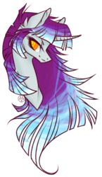 Size: 729x1253 | Tagged: safe, artist:haventide, oc, oc only, oc:skully, pony, unicorn, bust, colored pupils, female, mare, multicolored hair, simple background, skully, solo
