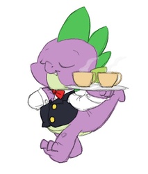 Size: 529x620 | Tagged: safe, artist:carnifex, spike, dragon, g4, bowtie, butler, clothes, cup, cute, eyes closed, male, plate, smiling, solo, spikabetes, steam, vest, waiter