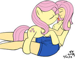 Size: 1600x1200 | Tagged: safe, artist:tomtornados, fluttershy, human, pony, g4, breasts, busty fluttershy, colored, duo, female, human on pony action, human ponidox, humanized, humanized human on pony action, interspecies selfcest, selfcest, simple background, white background, wingless