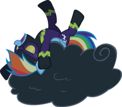 Size: 3868x3392 | Tagged: safe, artist:rainbowcrab, rainbow dash, pegasus, pony, g4, luna eclipsed, clothes, cloud, costume, female, hooves, laughing, lying on a cloud, mare, nightmare night, on a cloud, on back, open mouth, shadowbolt dash, shadowbolts, shadowbolts costume, simple background, solo, transparent background, vector, wings