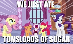 Size: 464x284 | Tagged: safe, edit, edited screencap, screencap, apple bloom, fluttershy, rarity, scootaloo, sweetie belle, g4, stare master, carousel boutique, cutie mark crusaders, image macro, meme
