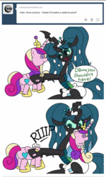 Size: 390x652 | Tagged: safe, artist:jay muniz, princess cadance, queen chrysalis, changeling, changeling queen, ask crinkle bottom chrysalis, g4, 2 panel comic, comic, diaper, diaper fetish, implied decapitation, non-baby in diaper, plushie, sitting, tumblr