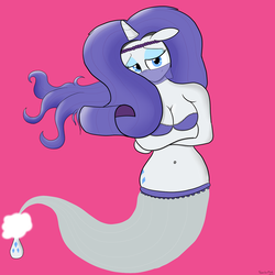 Size: 1280x1280 | Tagged: safe, artist:sailormod, rarity, genie, anthro, ask generous genie rarity, g4, bedroom eyes, belly button, bottle, bra, breasts, cleavage, clothes, female, geniefied, mane, seductive, simple background, solo, underwear, veil