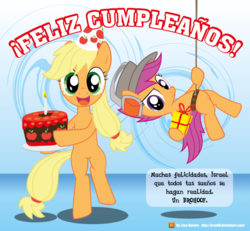 Size: 800x740 | Tagged: safe, artist:jcosneverexisted, applejack, scootaloo, g4, cake, happy birthday, present, spanish