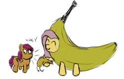 Size: 840x541 | Tagged: safe, fluttershy, scootaloo, g4, banana, banana suit, rubber chicken, scootabuse