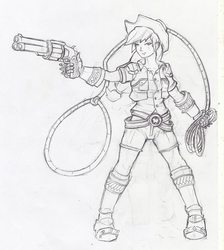 Size: 859x960 | Tagged: safe, artist:valornomad, part of a set, applejack, human, g4, boots, clothes, fantasy class, female, gloves, gun, humanized, lasso, monochrome, revolver, shoes, shorts, sketch, solo, traditional art, trigger discipline, weapon, wip