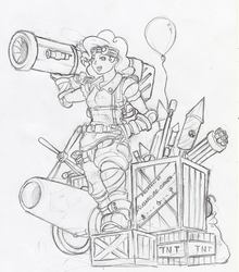 Size: 843x960 | Tagged: safe, artist:valornomad, pinkie pie, human, g4, balloon, bomb, box, explosives, fantasy class, female, fireworks, goggles, gun, humanized, monochrome, partillery, party cannon, rocket launcher, solo, traditional art, weapon, wip