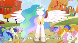 Size: 1025x576 | Tagged: safe, edit, edited screencap, screencap, bon bon, carrot top, golden harvest, linky, minuette, parasol, princess celestia, sea swirl, seafoam, shoeshine, sweetie drops, twinkleshine, fall weather friends, g4, bowing, caption, hail to the queen, history of the world part 1, mel brooks