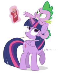 Size: 750x900 | Tagged: safe, artist:dm29, spike, twilight sparkle, alicorn, dragon, pony, g4, dragon hat, dragons riding ponies, duo, female, food, frown, glare, levitation, magic, mare, pocky, pony hat, puffy cheeks, raised hoof, reaching, riding, simple background, spike riding twilight, telekinesis, transparent background, twilight sparkle (alicorn), vector