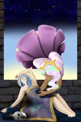 Size: 730x1095 | Tagged: safe, artist:bellalysewinchester, princess celestia, princess luna, human, g4, dark skin, humanized, light skin, strategically covered