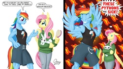 Size: 1400x782 | Tagged: safe, artist:omny87, angel bunny, fluttershy, rainbow dash, anthro, g4, ..., biceps, board shorts, clothes, comic, flexing, muscles, pun, rainbuff dash, slice of life, sweater, sweatershy
