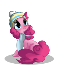 Size: 2400x3000 | Tagged: safe, artist:lolepopenon, pinkie pie, earth pony, pony, g4, beanie, blushing, clothes, cute, diapinkes, female, hat, looking up, red nosed, scarf, simple background, sitting, smiling, solo, transparent background